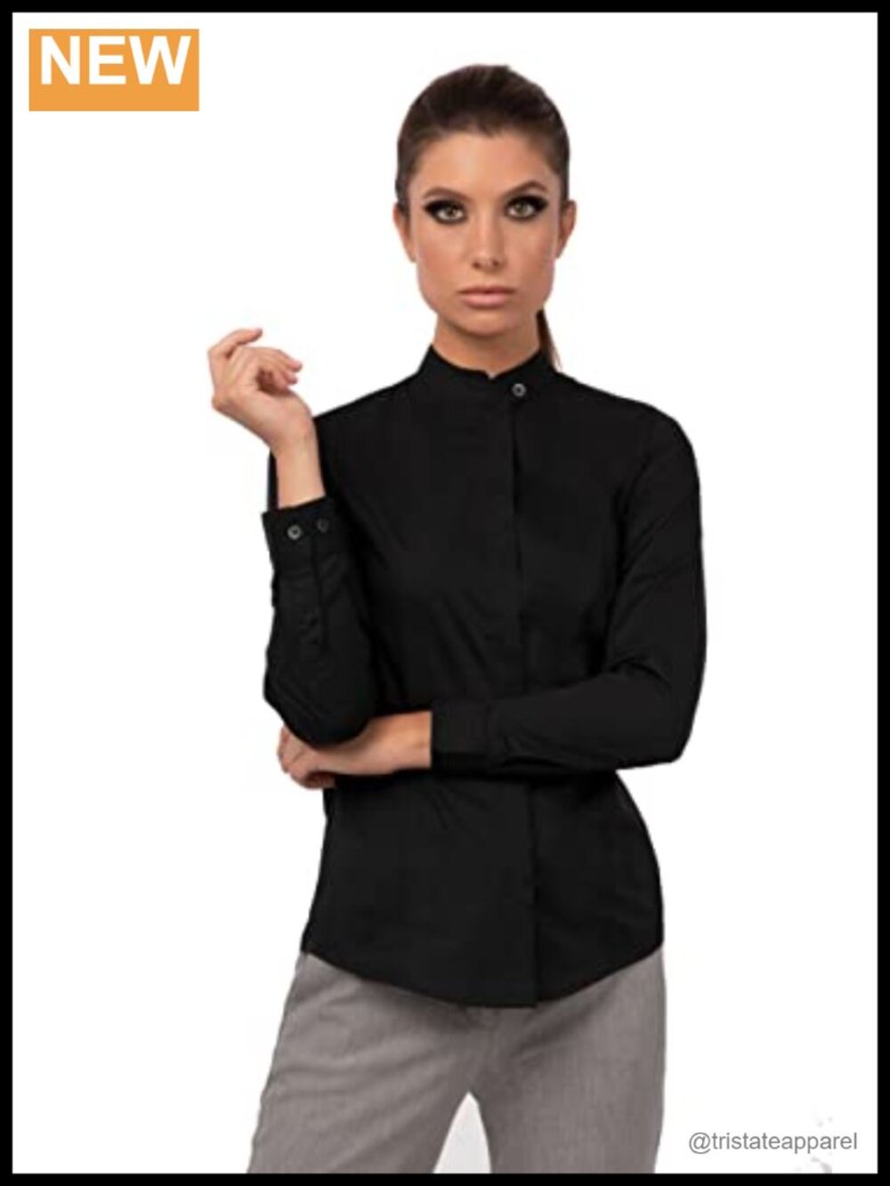 Women's Long Sleeve Chef Work Shirt Banded Collar Concealed Button Placket